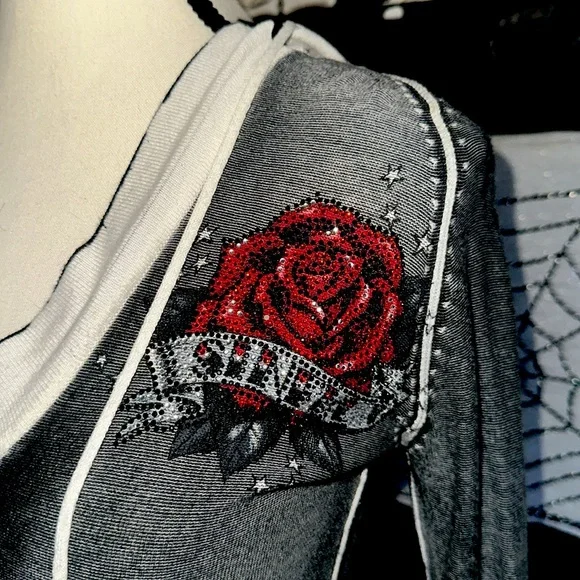 Y2K SINFUL black and gray acid wash bell sleeve hoodie with gem red rose - Picture 3 of 11